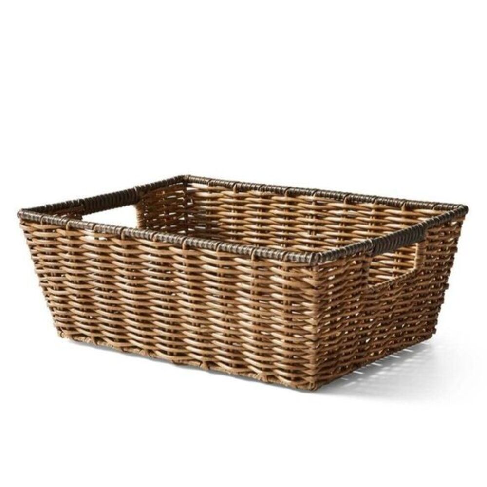 Home Storage Basket with Cut-Out Handles Handcrafted Rattan Weave Brown Decor